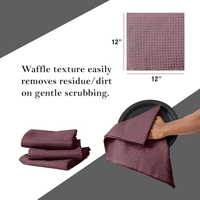Burgundy Wine Waffle Dishcloths, 12"x12", Soft, Absorbent, and Durable, 100% Cotton, Reusable, Quick Drying, Ideal for Drying Dishes, Cleaning, Multipurpose Use, 12 Pack