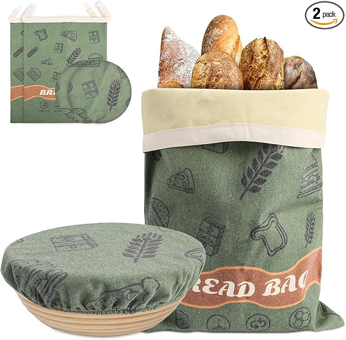 2 Pack Beeswax Bread Bags with 10'' Reusable Bowl Covers for Homemade Bread, Extra Large Reusable Beeswax Bags Set for Storage Sourdough,Large Capacity Breads Storage Bag to Keep Fresh (Green)