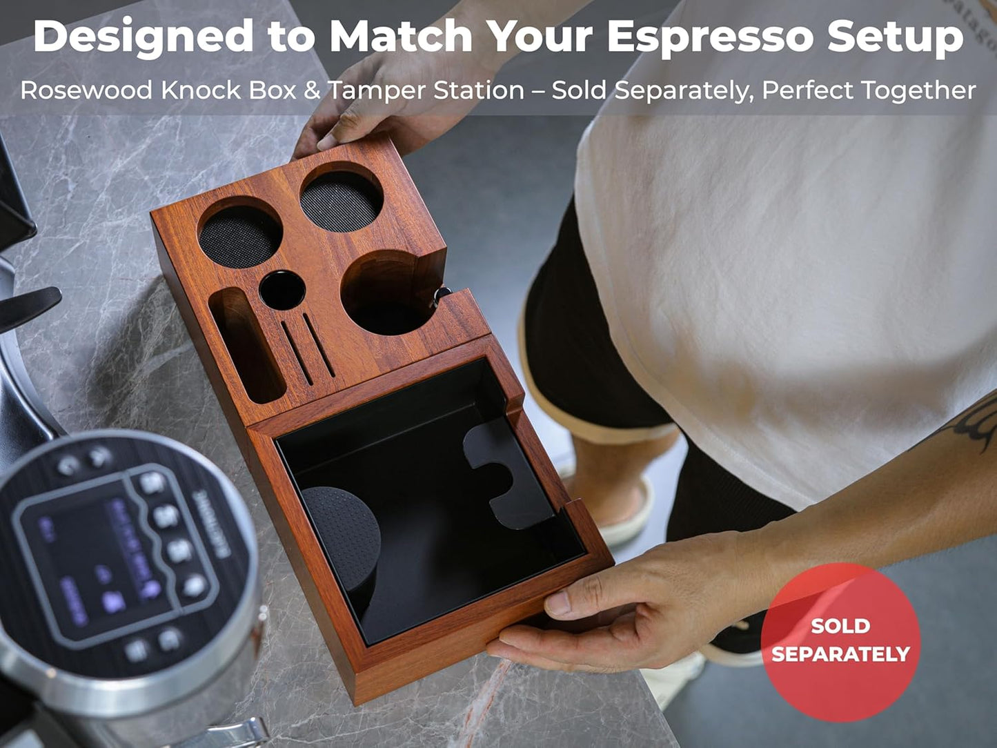 Rosewood Espresso Knock Box Portafilter Tamping Stand with Shock-Absorbing Bar & Non-Slip Design | Premium Dump Bin for Home Barista Stations