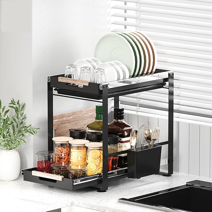 2-Tier Pull-Out Dish Rack & Spice Organizer for Kitchen Storage, Space-Saving Countertop Organizer for Dishes, Spice Jars and Utensils, 15.7''L x 11.2''W x 15.9''H, Steel, Black