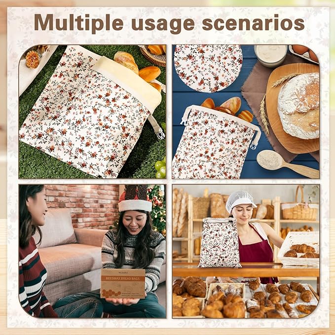 3 Pack Reusable Beeswax Bread Bags and Bowl Cover for Homemade Bread Sourdough, Large Vintage Floral Cotton Natural Beeswax Coating, for Sourdough Loaf Storage to Keep Fresh