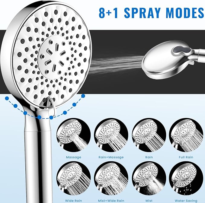 Ryamen Filtered Shower Head with Handheld, High Pressure 9-Spray Modes Detachable Shower Head with Filter for Hard Water-Remove Chlorine & Impurities, Improve Skin & Hair Health, Chrome
