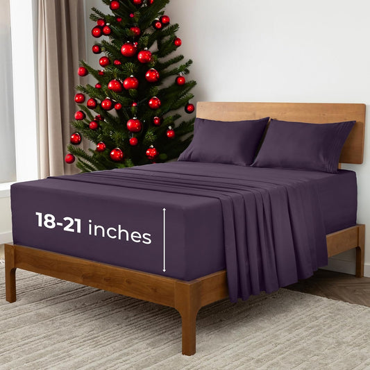 Mellanni Extra Deep Queen Sheets - 4 PC Iconic Collection Bedding - Hotel Luxury, Ultra Soft, Cooling Bed Sheets - Wrinkle, Fade, Stain Resistant (Queen, Purple)