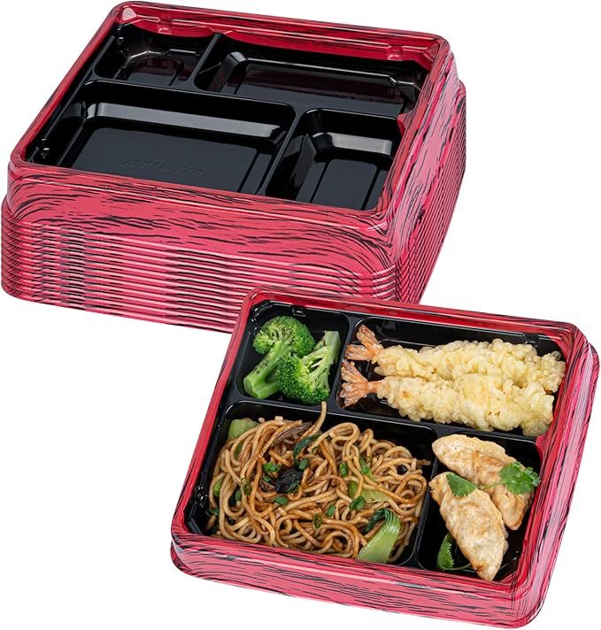 Restaurantware Bento Tek 15.2 Ounce Meal Prep Containers, 50 Disposable To Go Food Boxes - Lids Sold Separately, 4 Compartments, Red And Black Plastic Bento Lunch Boxes, Freezable, For Take Out