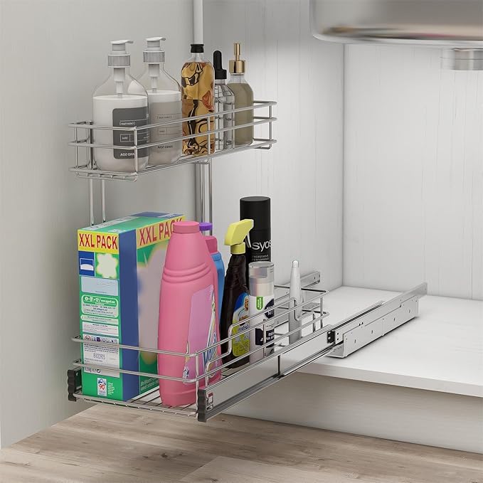 Under Sink Organizer 9"W X17"D, Pull Out Cabinet Organizer 2 Tier, Under Sink Slide Out Chrome Plated, Under Kitchen Bathroom Sink Organizer, Pantry Cabinet Closet Organization Rack, 2 Pack