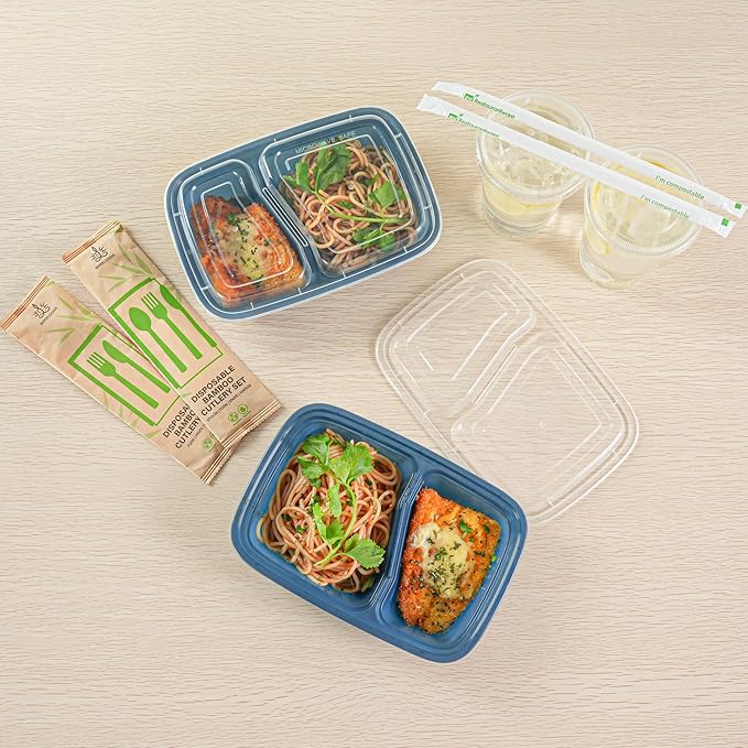 Restaurantware-Asporto 26 Ounce Compartment Take Out Boxes, 100 Microwavable Meal Prep Containers - 2 Compartments, With Clear Plastic Lids, Midnight Blue Plastic Food Containers, Do Not Contain BPA
