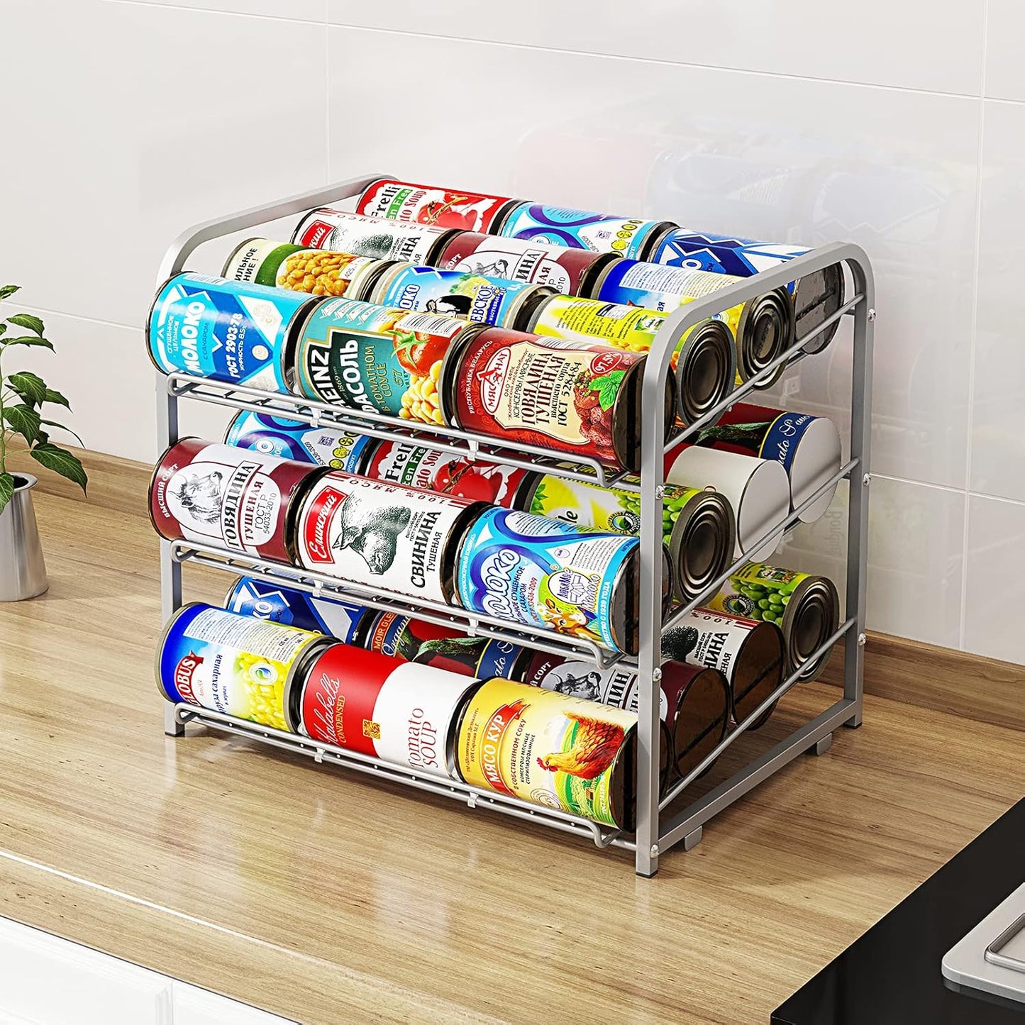 AIYAKA Can Rack Organizer, 3 Tier Stackable Can Storage Dispenser–12.2" D x 16.6" W x 14.5" H,for Food Storage, Kitchen Cabinets or Pantry, Storage for 36 Cans, Silver