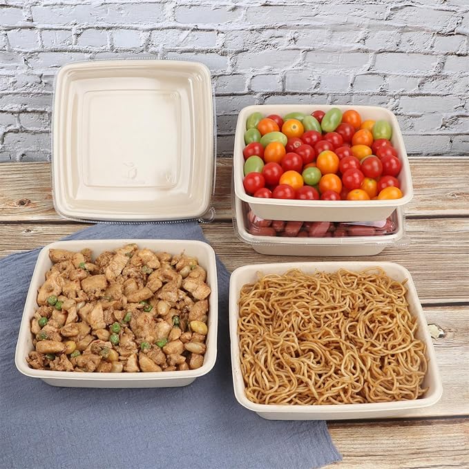34 oz Square Disposable bowls with lids,Sugarcane Fibers Bowls take away food containers Plant Fibers Freezer Safe 25 Pack