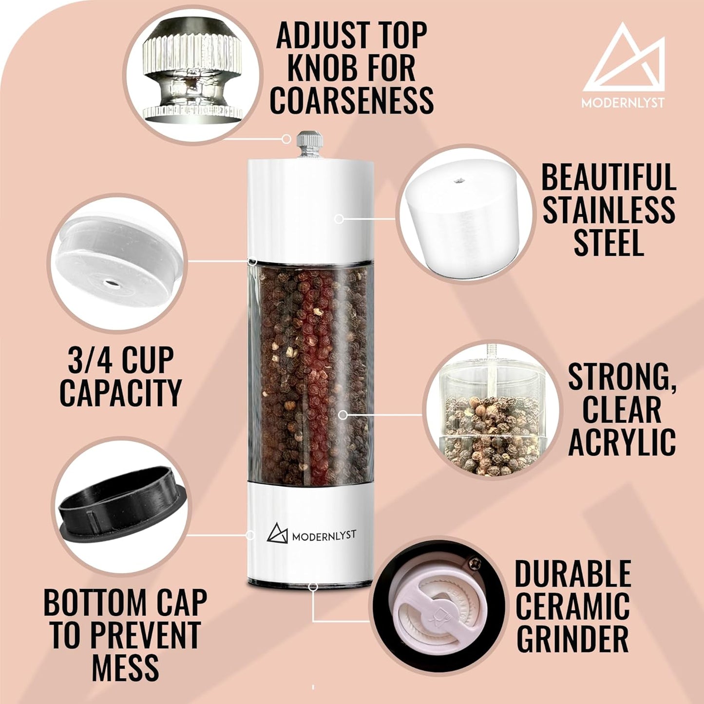 Manual Salt and Pepper Grinder Set of 2 | Large Round Salt and Pepper Shakers Set | 7.5 inch Stainless Steel Salt Grinder Refillable | Pepper Grinder Manual | Black & White