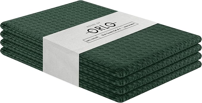 Olive Green Waffle Kitchen Towels, 16"x26", Durable, Soft, Absorbent, 100% Cotton, Fast Drying, Reusable, Machine Washable, Ideal for Cleaning, Multipurpose Towels, 4 Pack