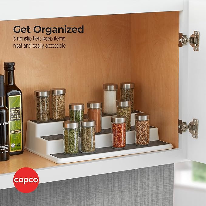 Copco 2555-0188 Non-Skid 3-Tier Spice Pantry Kitchen Cabinet Organizer, 15-Inch, White/Gray (Pack of 6)