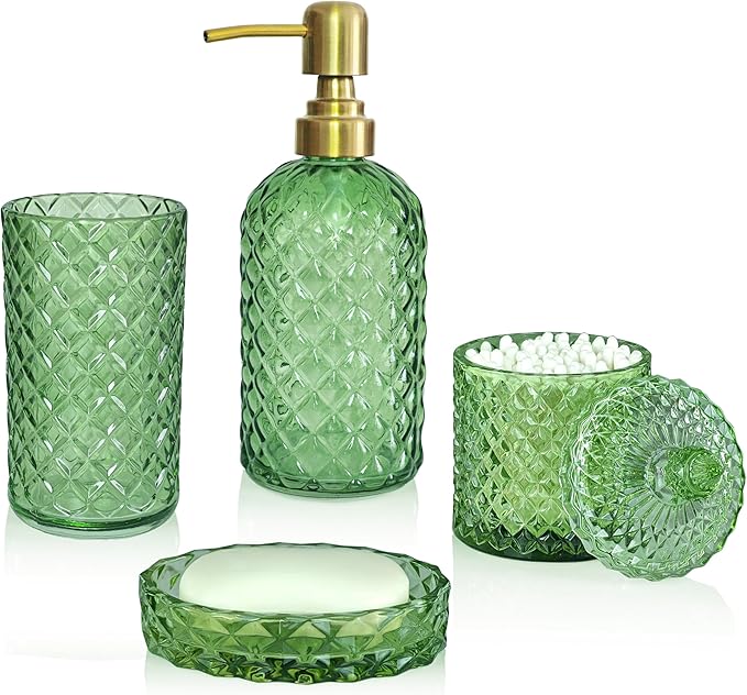 Glass Bathroom Accessories Set, 4Pcs Sage Green Bathroom Sets, Lotion Soap Dispenser, Toothbrush Holder, Soap Dish, Qtips Holder for Modern Bathroom Decor, Crystal Vintage Gift Set