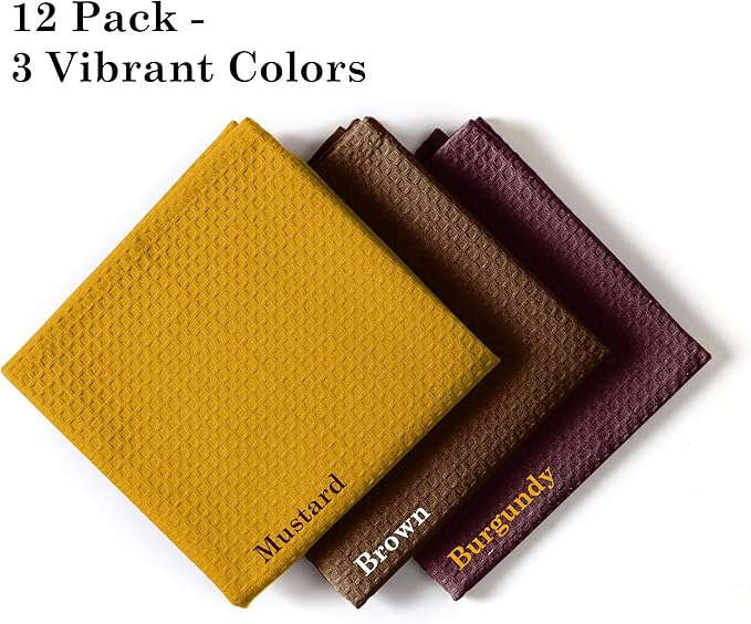 Waffle Dishcloths 12x12 Inches, 12 Pack, Absorbent, Soft, Durable, Reusable, Quick Drying, Machine Washable, 100% Cotton, Ideal for Drying Dishes, Cleaning, Burgundy, Brown, Yellow
