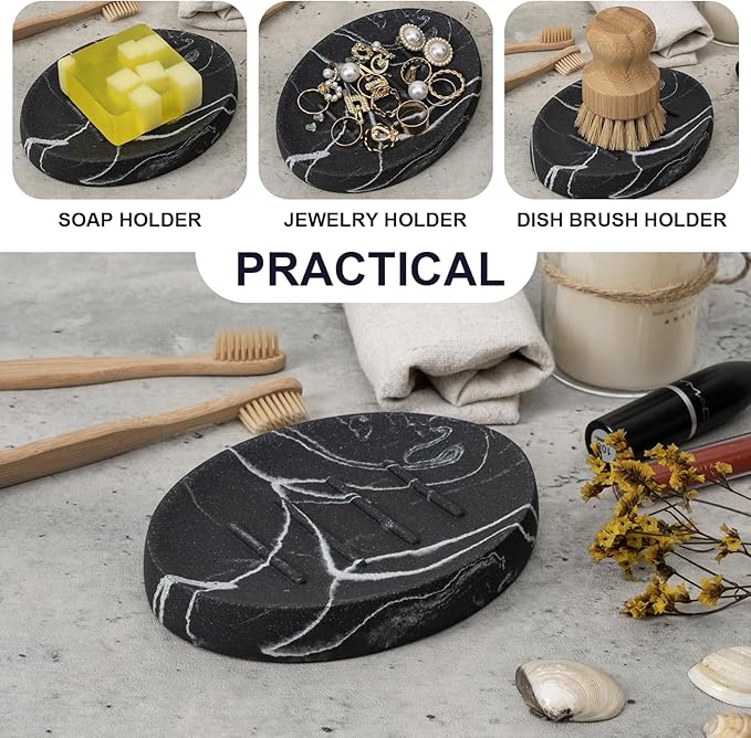 Soap Dish Bathroom Resin Marble Look Bar Soap Holder for Shower Soap Tray for Kitchen Sink(Marble Black)