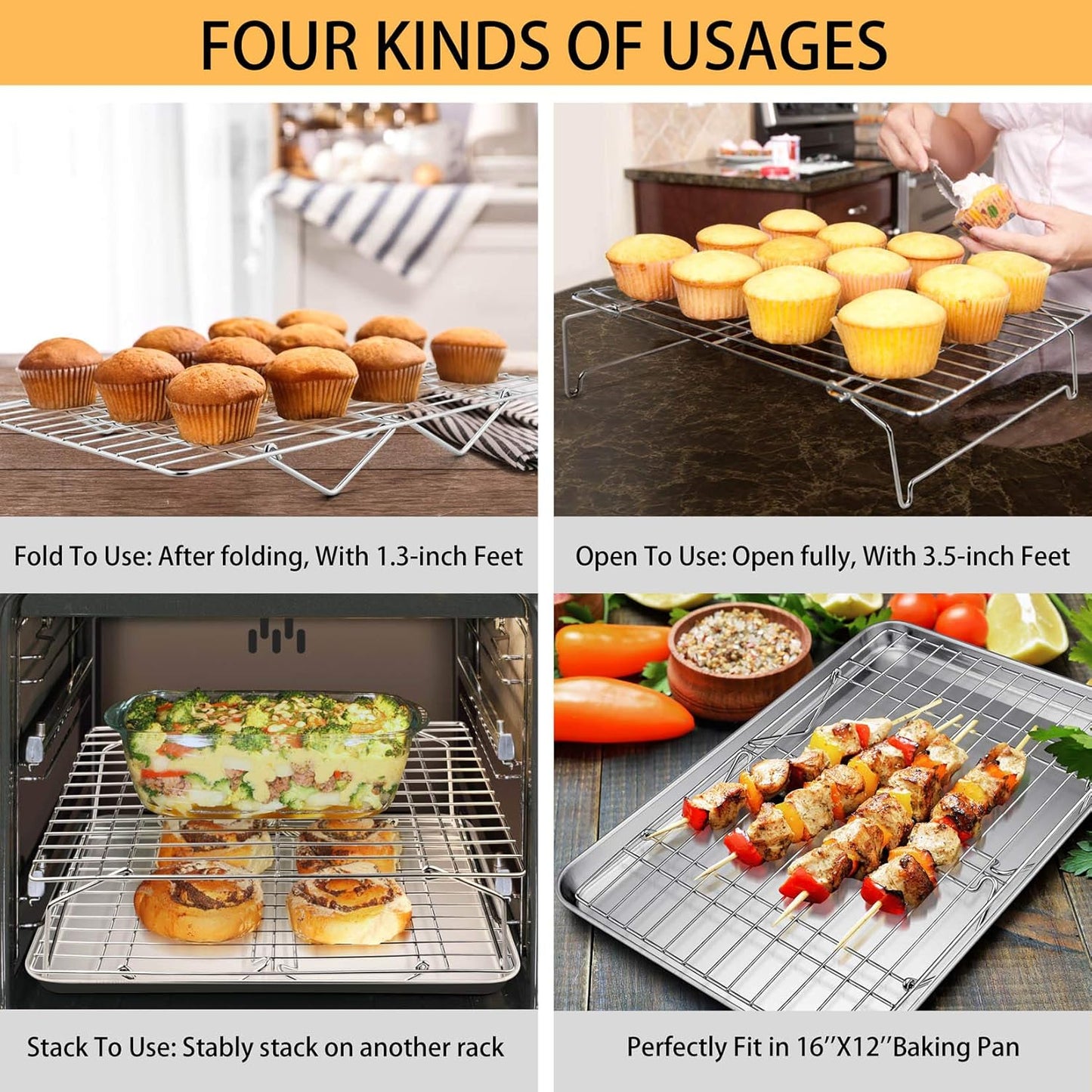 P&P CHEF 4-Tier Cooling Rack Set, Stainless Steel Stackable Baking Cooking Racks for Cooling Roasting Cooking, Raised & Folding Feet, Oven Safe & Easy Clean, 15" x 10", Silver