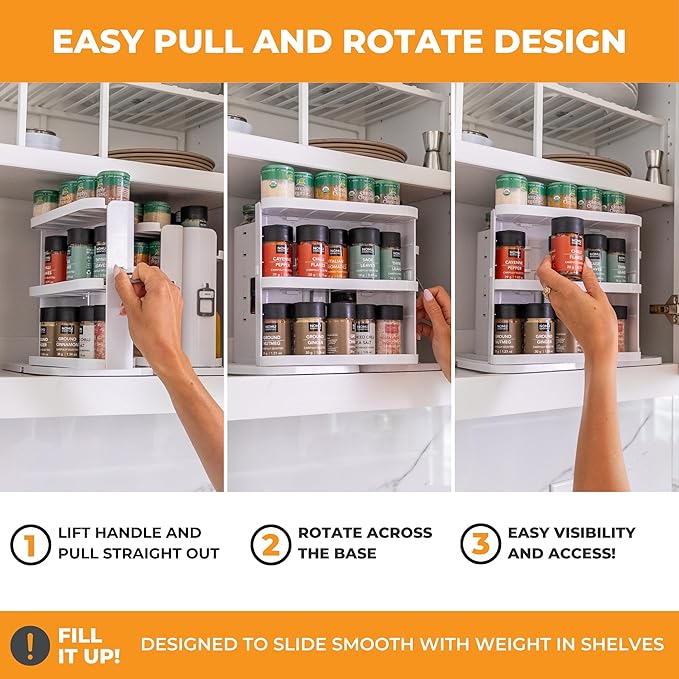 Cabinet Caddy SNAP! Spice Rack Organizer for Cabinet - Slide & Rotate Seasoning Organizer - 3 Snap-In Adjustable Shelves for 5 Tier of Storage - Magnetic Modular Design - 8.9”H x 6.1”W x 10.8”D