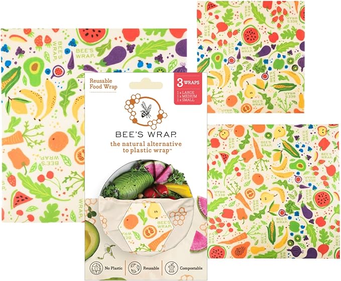 Bee's Wrap Beeswax Wraps for Food - Fresh Fruit 3 Pack (S, M, L) Made in USA Reusable & Organic Food Wraps, Sandwich Wrap & Bowl Covers - Eco-Friendly Alternative to Aluminum Foil & Plastic Wrap