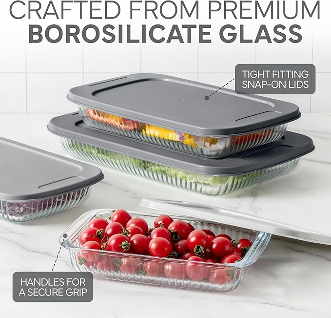 COOK WITH COLOR 8-Piece Deep Glass Baking Dish Set with Plastic Lids – Casserole and Food Storage Containers for Lasagna, Leftovers – Freezer-to-Oven, Microwave & Dishwasher Safe, Fluted Grey