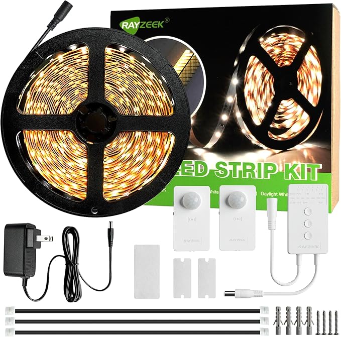 Wireless Motion Activated LED Strip Lights,19.7FT LED Strip Lights with Power Adapter,RF Wireless Motion Sensor Control Dimmer,Timing,Warm White (1×Controller+2×Motion Sensor)