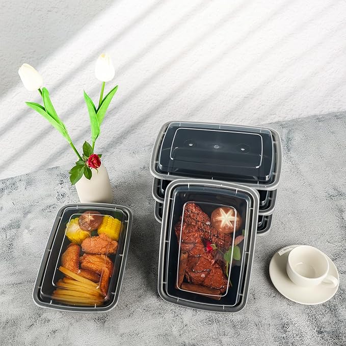 Meal Prep Containers Reusable 50 Pack-34 oz Food Storage Containers with Lids To Go Food Containers Takeout, Microwave Dishwasher Freezer Safe, Stackable, BPA Free, Plastic (Black)