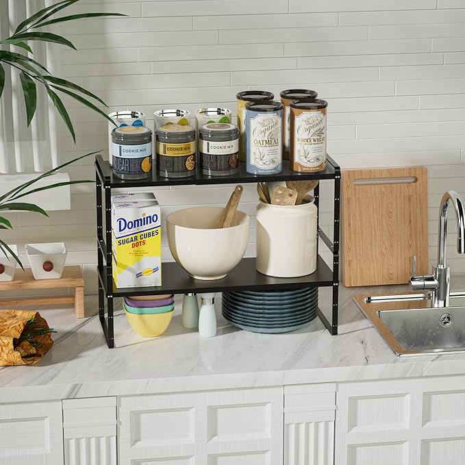 Cabinet Organizer Shelves,Expandable Spice Racks,Stackable Storage Shelves for Kitchen,Pantry,Counter,Bathroom,Home,Office,3 Packs,8.07" D,Black