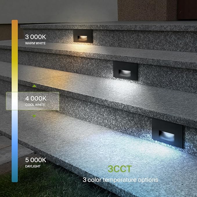 ASD LED Recessed Step Light Fixture, Outdoor & Indoor Stair Tread Lighting | 3CCT, Dimmable, Waterproof, ETL Listed | 3W 120LM 3000K-5000K 120V | Staircase Hardwired Illumination | Black, 4 Pack