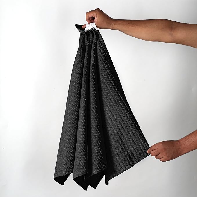 Black Waffle Kitchen Towels, 16x26 Inches, Absorbent, Soft, and Durable, Quick Drying, Reusable, Machine Washable, 100% Cotton, Perfect for Cleaning, Multipurpose Dish Towels, Set of 4