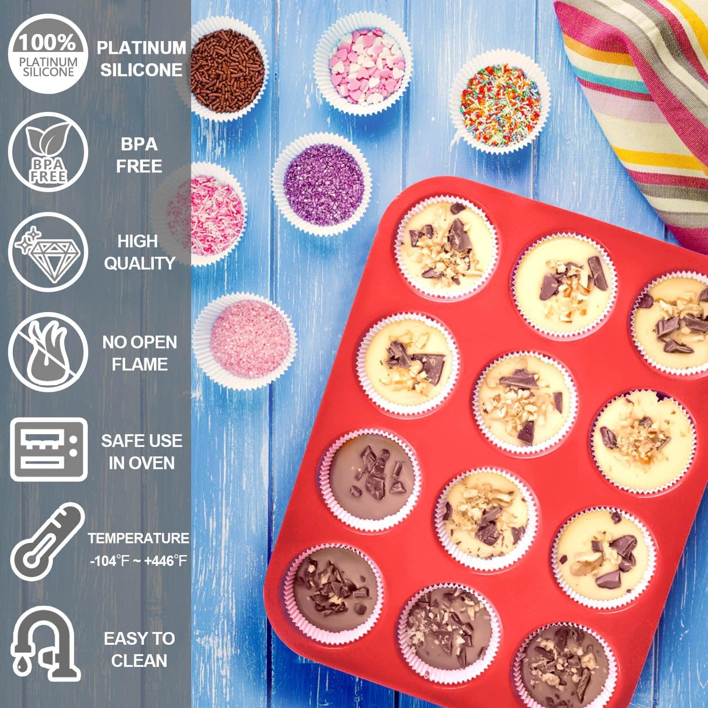 Anaeat Silicone Muffin Pan set- Regular 12 Cups Cupcake Tray, Non-Stick Silicone Baking Molds for Making Muffin Cakes, Cupcake, Chocolate, Bread,Tart and Desserts, Just Pop Out (2 Pack)