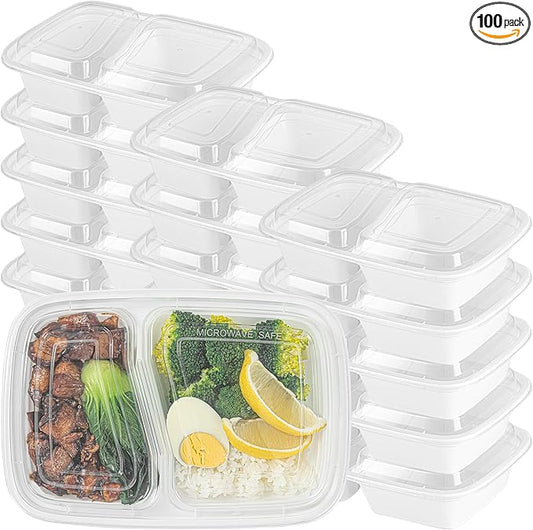 Restaurantware Asporto 32 Ounce Compartment Take Out Boxes 100 Microwavable Meal Prep Containers - 2 Compartments With Clear Plastic Lids White Plastic Food Containers Do Not Contain BPA