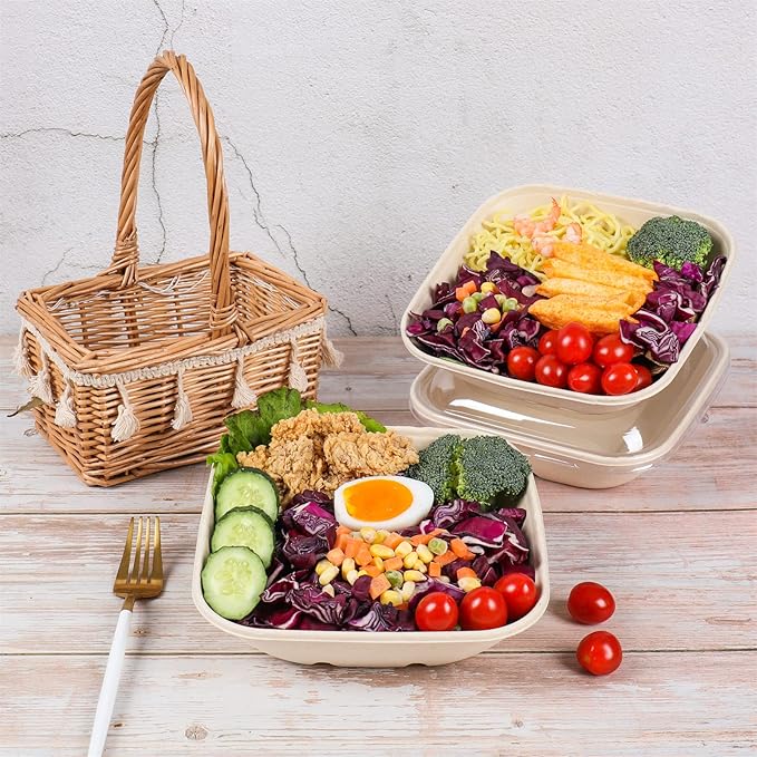 30 oz Disposable salad bowls with lids, Sugarcane Fiber Paper Bowls take away Bagasse food containers meal prep deli container 50 Pack