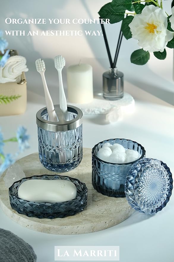 Blue Bathroom Accessories Set, 4Pcs Clear Glass Bathroom Accessories, Lotion Soap Dispenser Set, Toothbrush Holder, Qtips Holder, Soap Dish for Crystal Modern Bath Decor, Vintage Gift Set
