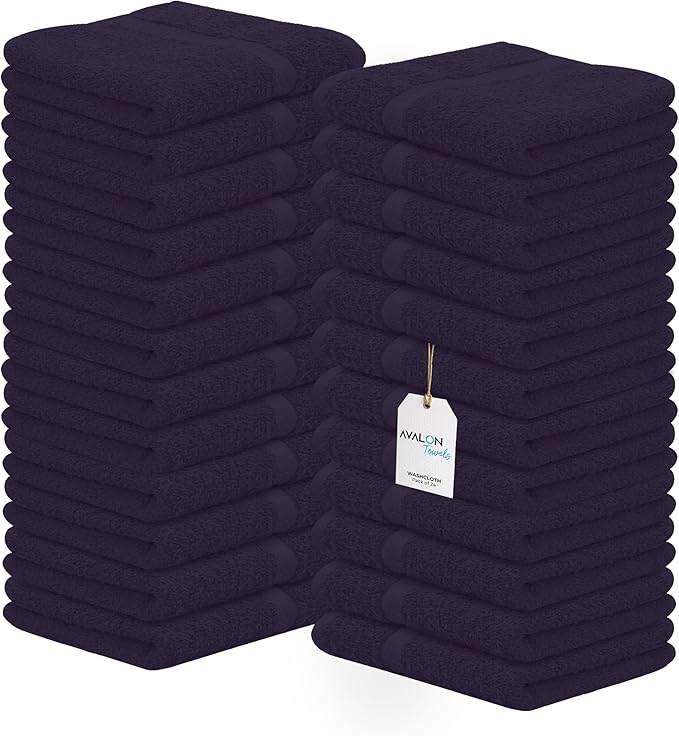 Avalon Towels Cotton Washcloths – (Pack of 24) Size 12x12 Inches, 100% Ring Spun Cotton, Soft & Absorbent Face Towels, Gym Towels, Hotel and Spa Quality, Reusable Fingertip Towels (Plum)