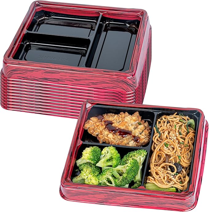 Restaurantware-Bento Tek 16.1 Ounce Meal Prep Containers, 50 Disposable To Go Food Boxes - Lids Sold Separately, 3 Compartments, Red And Black Plastic Bento Lunch Boxes, Freezable, For Take Out