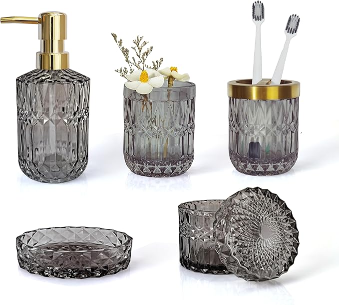 Gray Bathroom Accessories Set, 5Pcs Clear Glass Bathroom Set, Soap Dispenser, Soap Dish, Toothbrush Holder, Cotton Swab Jar, Black and Gold Accent for Crystal Vintage Bathroom Decor