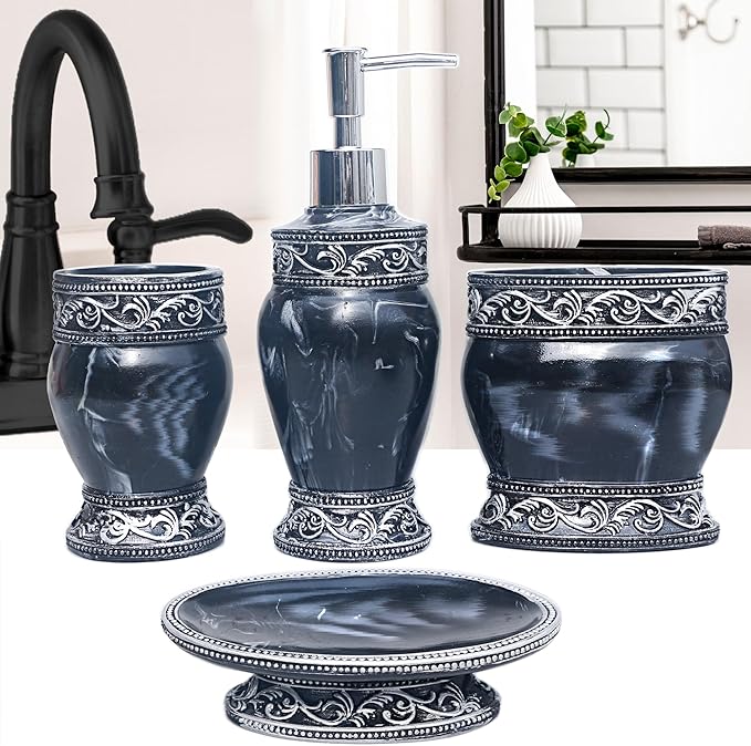 Bathroom Decor Accessories Set,4 PCS Including Soap Dispenser, Toothbrush Holder, Tumbler and Soap Dish, Black and White