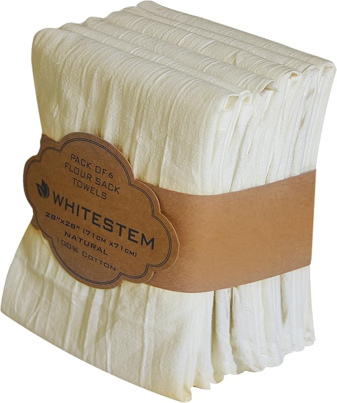 Flour Sack Towels | Tea Towel for Crafts| Kitchen | Dish | Cotton Blank Towel for Embroidery| Baking Bread Proofing Linen Cover| Thick Absorbent Quick Dry | 6 Pack 28"x28" Natural