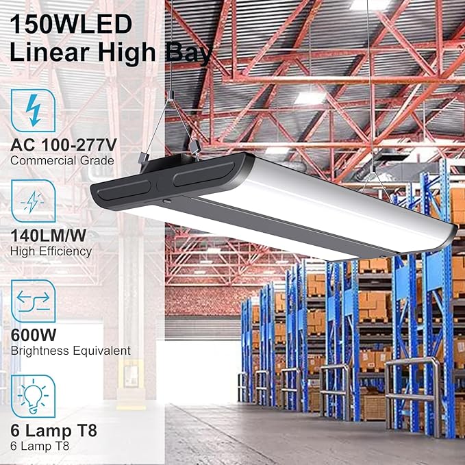 Lightdot 2FT LED High Bay Shop Lights with Flush/Suspended Mount, 150W [Eqv.600W] 5000K 100-277V Commercial Lighting for Garage Workshop - 10-25FT Ceiling, Covers 1500 Sq.ft, UL Complied, 4Pack Black