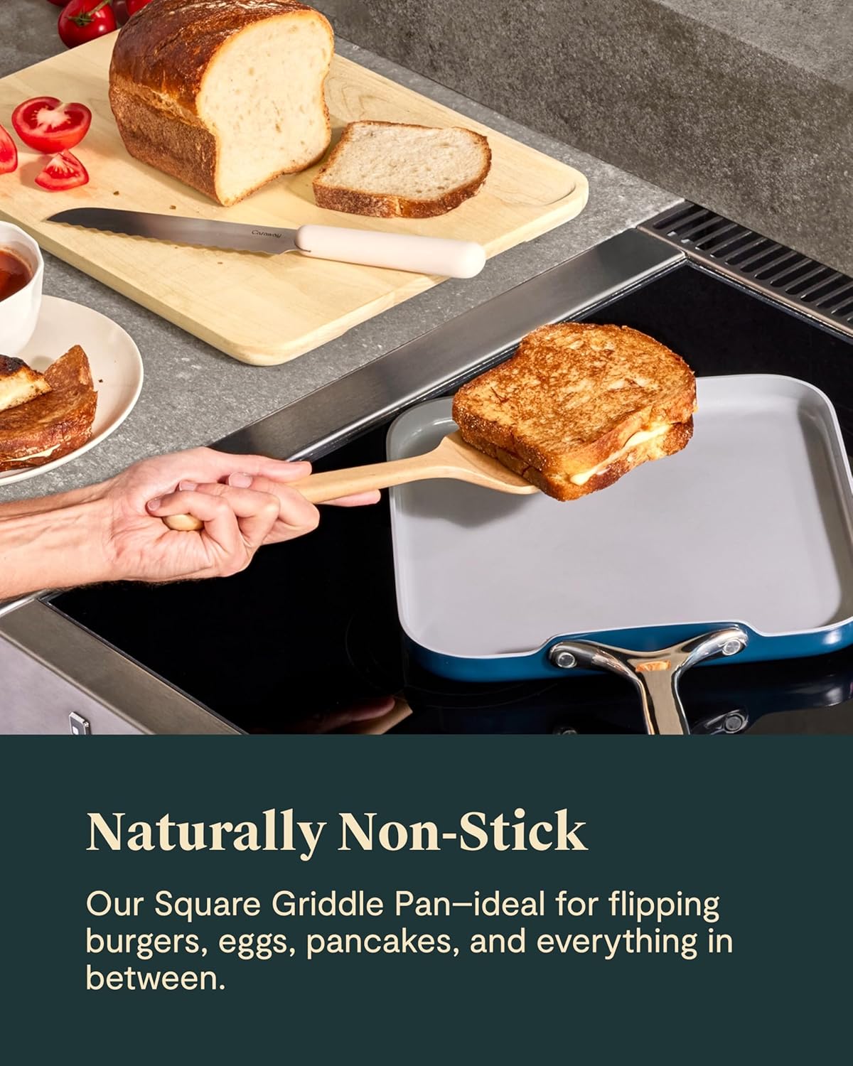 Caraway Square Griddle Pan - 11” Square Pan - Non-Stick Ceramic Coated - Non Toxic, PTFE & PFOA Free - Oven Safe & Compatible with All Stovetops - Gray