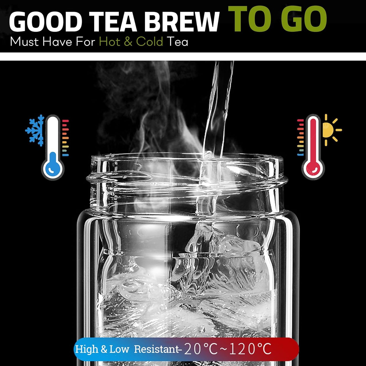 17oz Tea Tumbler with Infuser, 500ml Double Wall Borosilicate Glass Tea Bottle 100% Leak-Proof with 2 in 1 Stainless Steel Filter