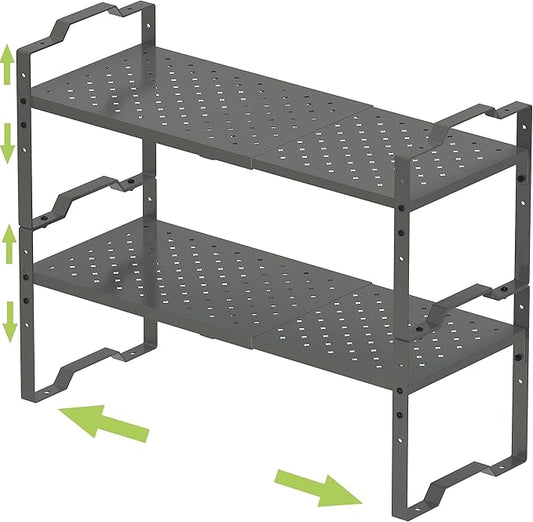 Expandable Shelf for Cabinet Organizer Adjustable Stackable Spice Rack at Kitchen and Bathroom More, Counter Countertop Cupboard Organization Pantry Storage (2 Packs/Gun-Grey, Medium)