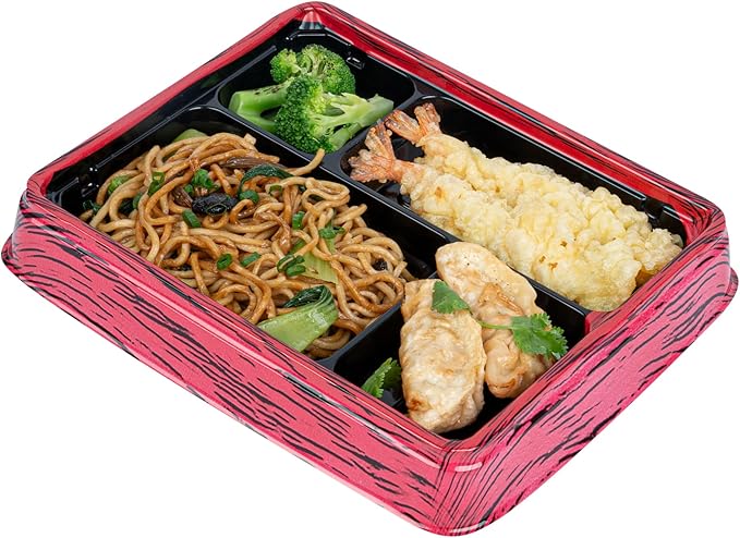 Restaurantware Bento Tek 15.2 Ounce Meal Prep Containers, 100 Disposable To Go Food Boxes - Lids Sold Separately, 4 Compartments, Red And Black Plastic Bento Lunch Boxes, Freezable, For Take Out