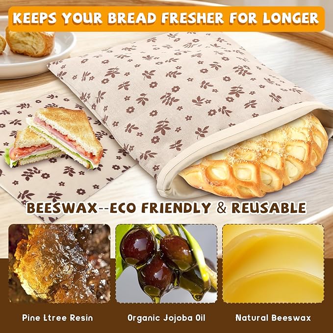 Reusable Beeswax Bread Bags&Beeswax Wraps for Food, Organic Bread bags Reusable to Keep Fresh,Sustainable, Biodegradable Homemade Washable Food Wraps, Must-Have Baking Accessories