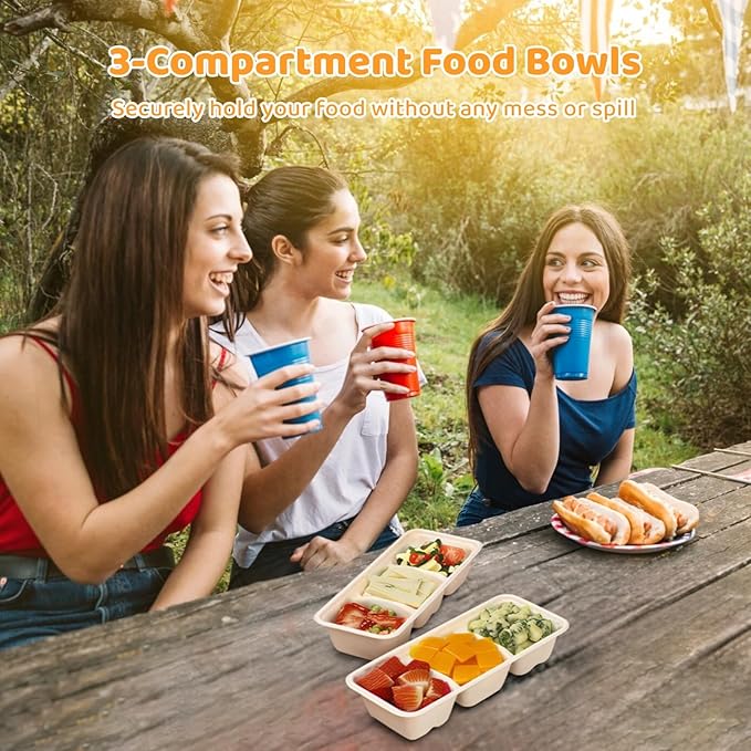 Homaisson 48 Pcs 3 Compartment Paper Food Containers with Lids,Disposable Meal Prep Containers with Clear Lids, Leak-proof Meal Prep Serving Trays, Take Out Food Containers for Party, Picnic, Camping