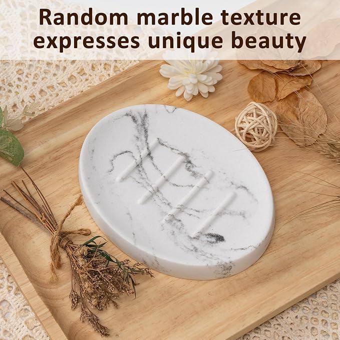 Resin Soap Dish Bathroom,Marble Look Soap Holder for Shower,Soap Tray for Kitchen Sink(Marble White)