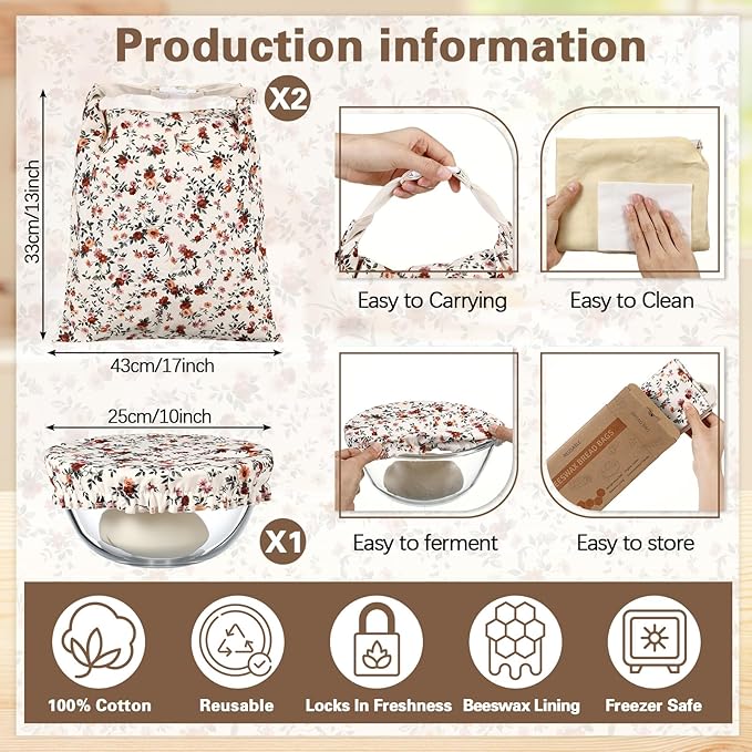 3 Pack Reusable Beeswax Bread Bags and Bowl Cover for Homemade Bread Sourdough, Large Vintage Floral Cotton Natural Beeswax Coating, for Sourdough Loaf Storage to Keep Fresh