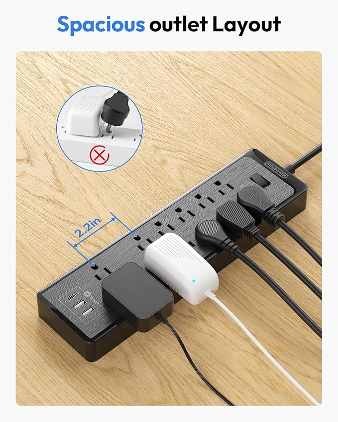 NTONPOWER Flat Plug Extension Cord 25 Ft, Surge Protector Power Strip with 12 Outlets(2 Widely Space) 3 USB, Overload Protection Switch, 2100 Joules, Wall Mount for Home Office and Workbench, Black