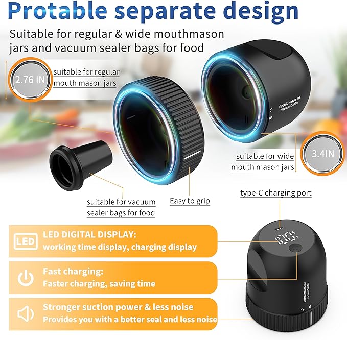 Mason Jar Vacuum Sealer Kit, 3 in 1 Auto Stop Electric Jar Vacuum Sealer for Mason Jars for Wide & Regular Mouth Mason Jars & Sous Vide Bags, Portable Compact Vacuum Seal for Jar Food Storage Black