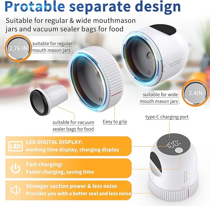 3 in 1 Electric Mason Jar Vacuum Sealer Kit, Auto Stop Jar Vacuum Sealer for Mason Jar Wide & Regular Mouth & Sous Vide Bags Compact vacuum sealer for Food White