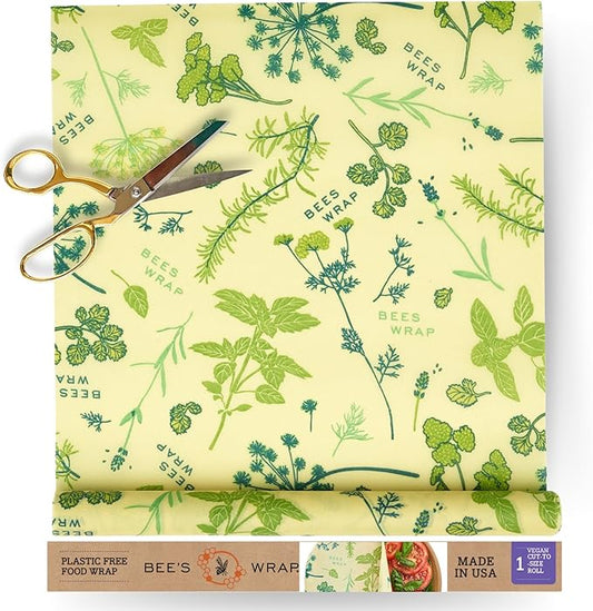 Bee's Wrap Vegan Beeswax Wraps for Food - Herb Garden Cut to Size 14x52" Wax Paper Roll - Made in USA Reusable Waxed Paper Bowl Covers, Organic Eco-Friendly Alternative to Aluminum Foil & Plastic Wrap