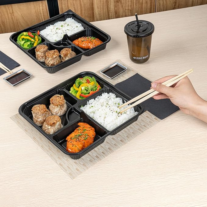 Restaurantware-Bento Tek 39.6 Ounce Meal Prep Containers, 50 Disposable To Go Food Boxes - Lids Sold Separately, 5 Compartments, Black Plastic Bento Lunch Boxes, Microwavable, Freezable